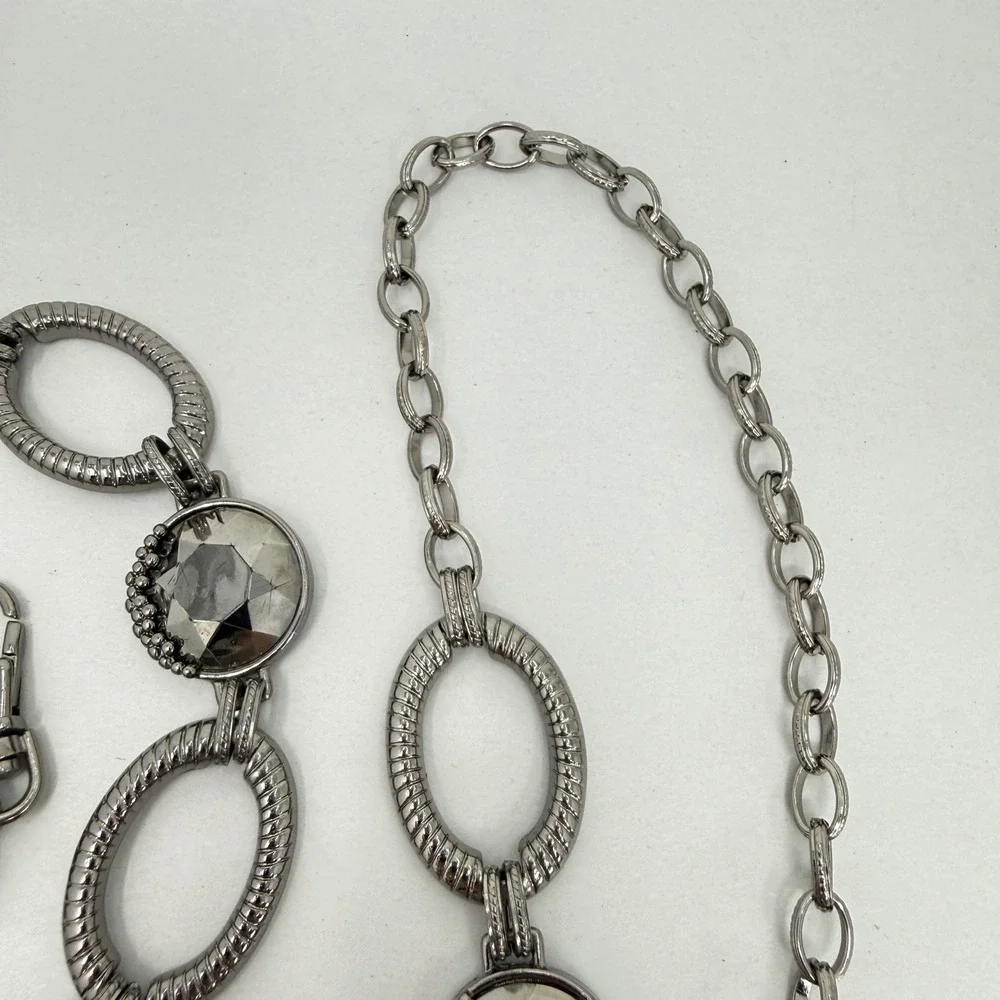 Gunmetal Chain‎ Link Belt with Large Faceted Grey Crystals and Textured Ovals